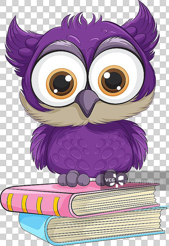 可爱的紫色猫头鹰坐在五彩斑斓的书本上图片素材