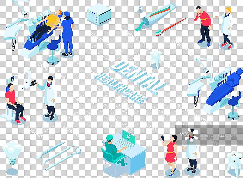 牙医和牙齿健康护理的等距流程图图片素材