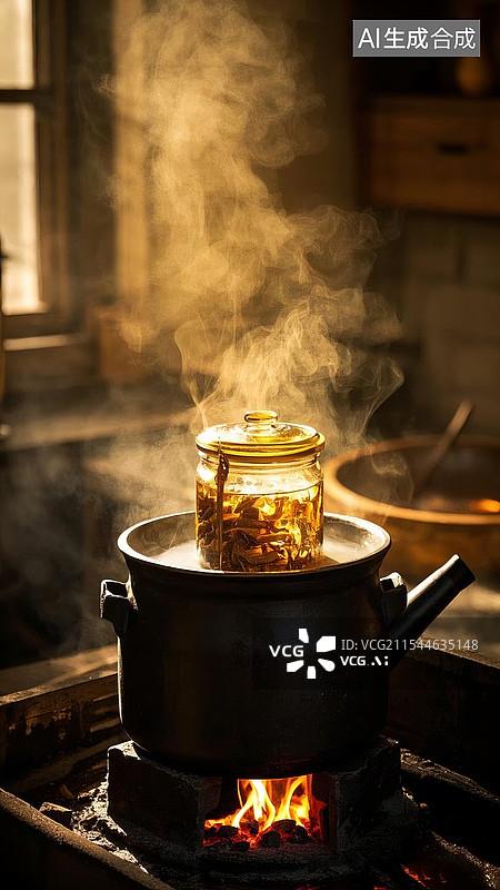 【AI数字艺术】昏暗的厨房里炉火上熬制中药图片素材