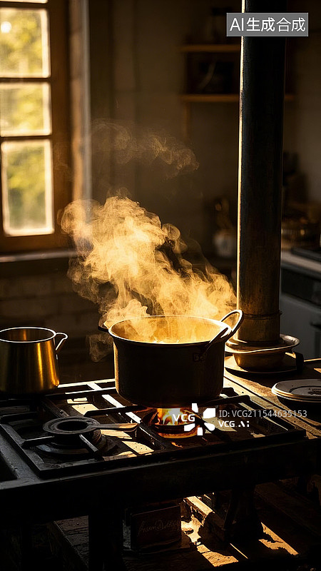 【AI数字艺术】昏暗的厨房里炉火上熬制中药图片素材