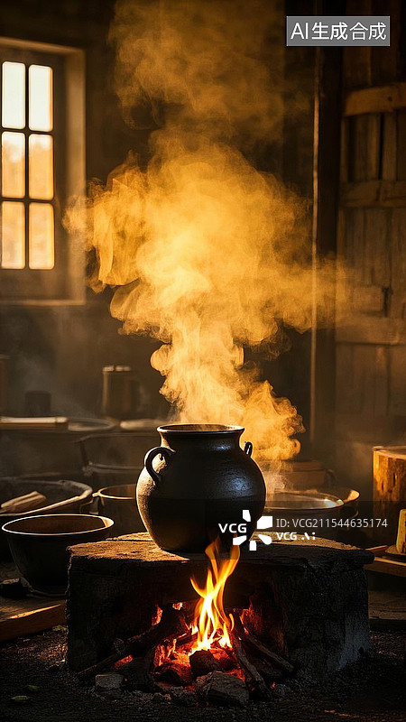 【AI数字艺术】昏暗的厨房里炉火上熬制中药图片素材