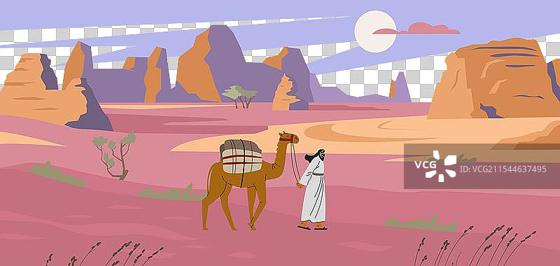 贝都因人在平坦的沙漠景观中与骆驼同行图片素材
