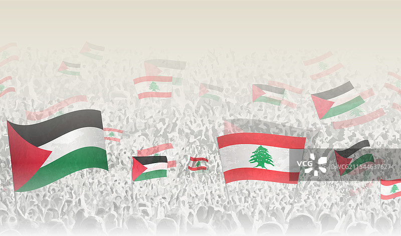 人群中的巴勒斯坦和黎巴嫩国旗图片素材