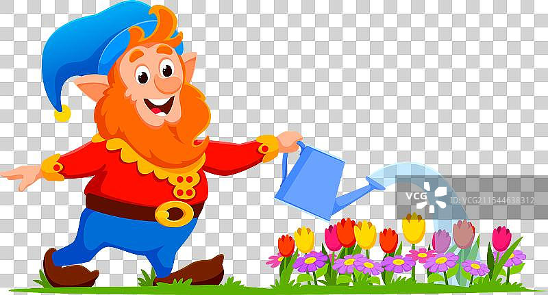 卡通小矮人园丁在花园里浇水图片素材