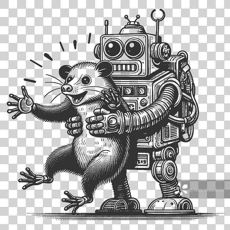 机器人拥抱惊讶的负鼠图片素材