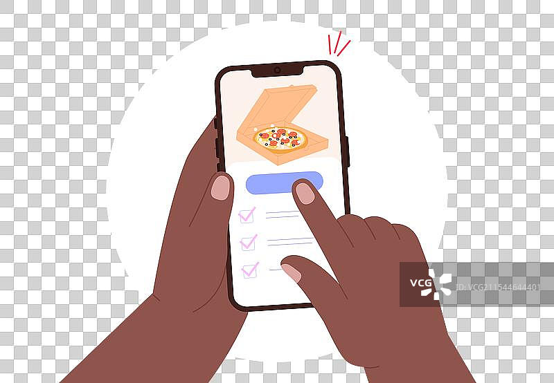 手持智能手机应用程序下的比萨订单图片素材