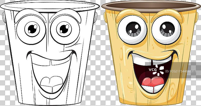 两个微笑的卡通垃圾桶，一个是彩色的图片素材