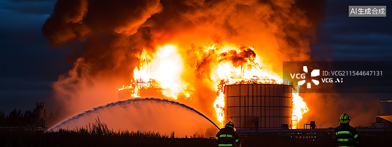 【AI数字艺术】傍晚时分，巨大的工业化学储罐被火焰吞噬，浓烟滚滚升腾，消防员身穿防护装备用水扑救火灾，突显灾难的紧迫图片素材
