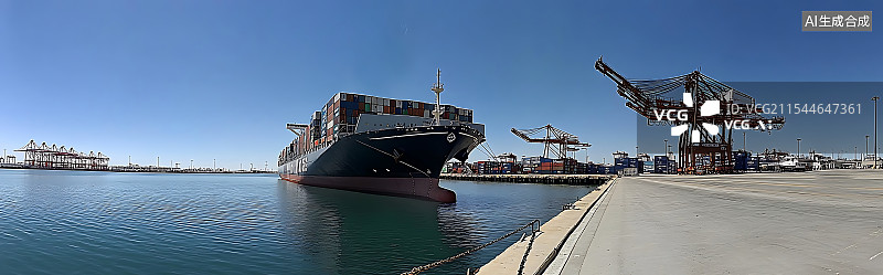 【AI数字艺术】广角视角下停靠在静止港口的大型货轮，周围是起重机和堆叠的集装箱，突出规模与活动的缺失，象征港口罢工。图片素材