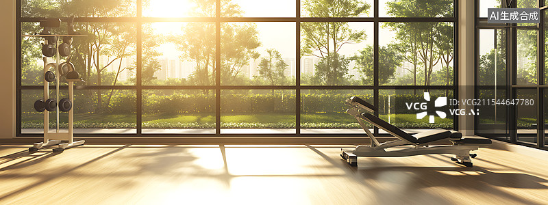 【AI数字艺术】一间干净现代的物理治疗室，配备跑步机和阻力带，背景模糊，浅景深，适用于康复和健身主题。图片素材