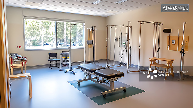 【AI数字艺术】一间干净现代的物理治疗室，配备跑步机和阻力带，背景模糊，浅景深，适用于康复和健身主题。图片素材