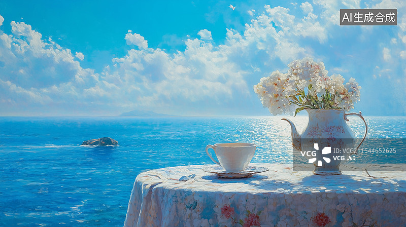 【AI数字艺术】复古油画艺术——海边的下午茶图片素材