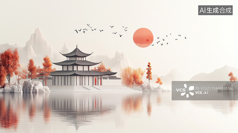 【AI数字艺术】中国古代建筑亭台楼阁背景图片素材
