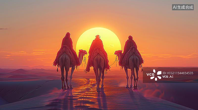 【AI数字艺术】夕阳下行走在沙漠中的骆驼商队图片素材