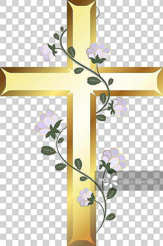 金色基督教十字架与藤蔓花卉交织在一起图片素材