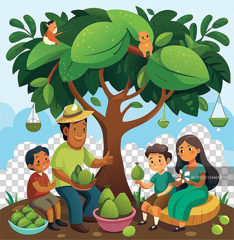 一家人在大番石榴树下交谈图片素材