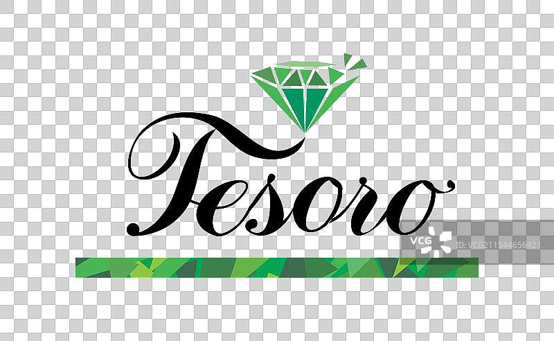 绿色钻石标志下方带有下划线的“tesoro”文字，白色。图片素材