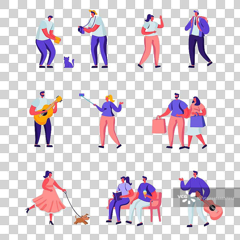 一组平面街头音乐家和行人图片素材