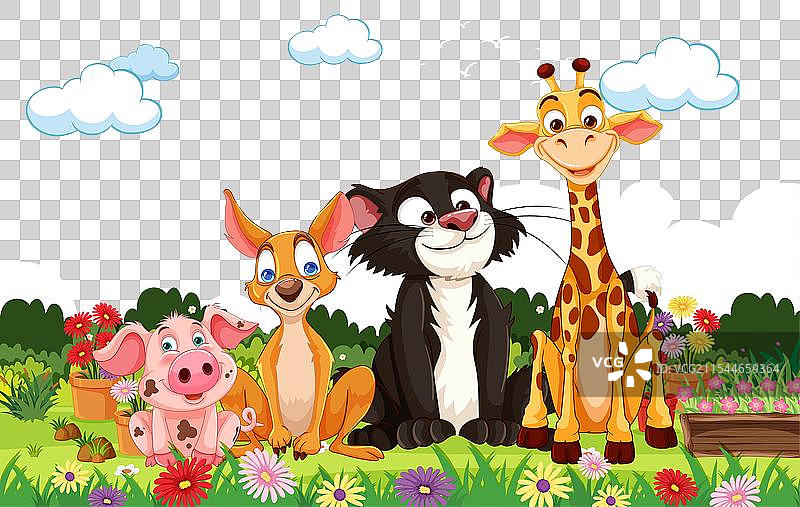 卡通动物在五彩斑斓的草地上微笑图片素材