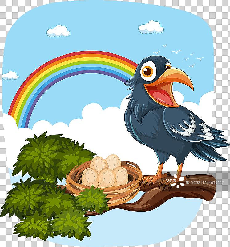 卡通鸟在彩虹下的巢旁与蛋一起图片素材