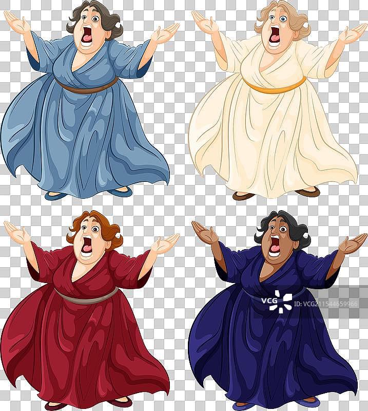 四位穿着鲜艳裙子的动画歌剧歌手图片素材