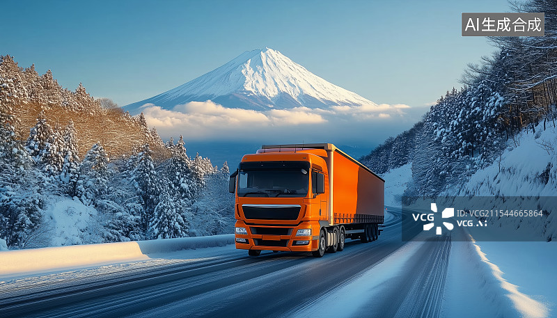 【AI数字艺术】行驶在雪后山路上的卡车图片素材