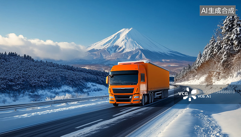 【AI数字艺术】行驶在雪后山路上的卡车图片素材