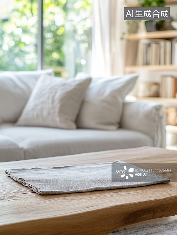 【AI数字艺术】木质桌子和灰色桌布位于画面中心，背景是白色沙发和书架，周围有绿植，营造出温馨舒适的室内氛围图片素材
