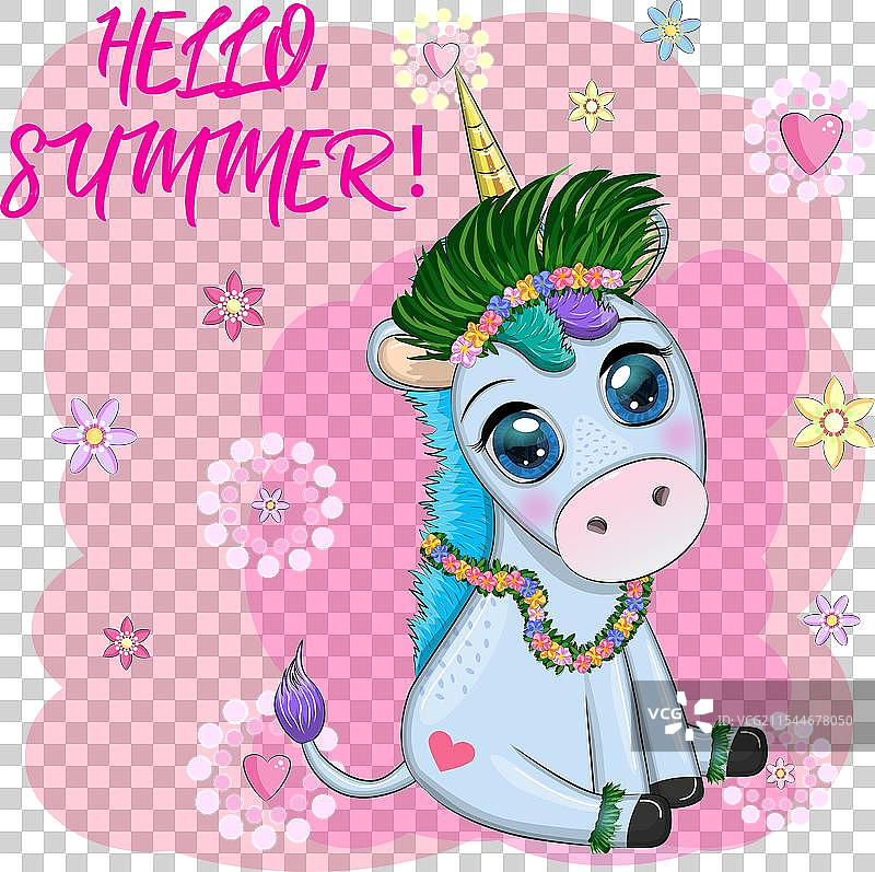 可爱的卡通独角兽打扮成草裙舞者图片素材