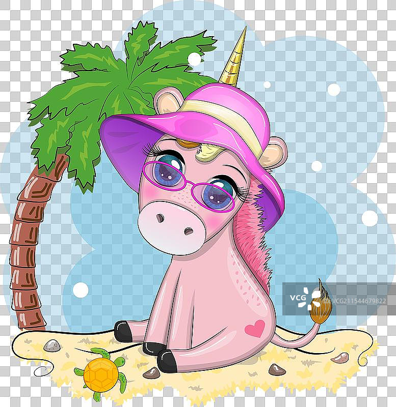 可爱的卡通独角兽打扮成草裙舞者图片素材