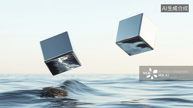 【AI数字艺术】海面玻璃立方体，抽象概念背景图图片素材