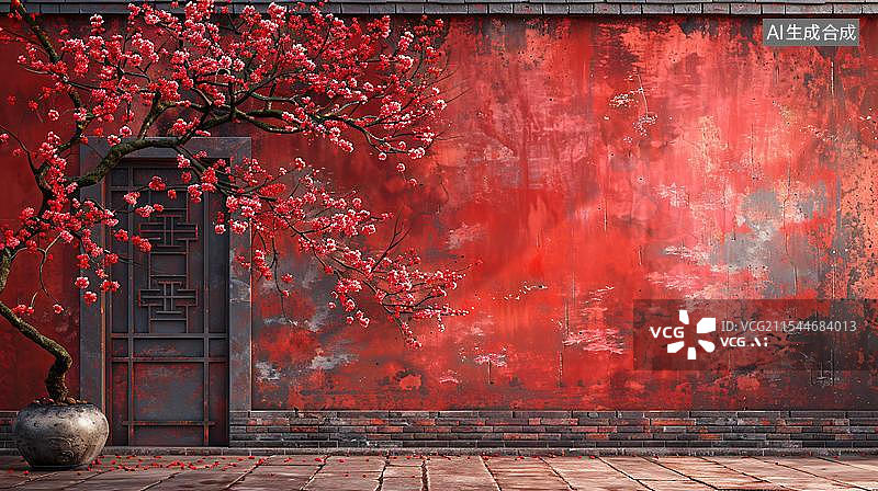 【AI数字艺术】红墙古韵  朱墙红树图片素材