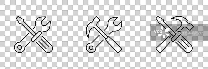 交叉工具线条图标集：扳手、锤子和图片素材