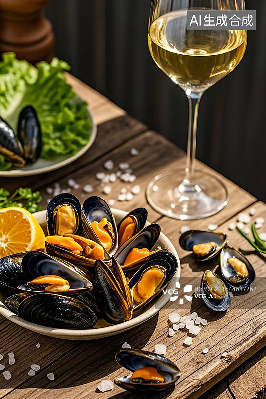【AI数字艺术】木质桌子上的淡菜和白葡萄酒图片素材