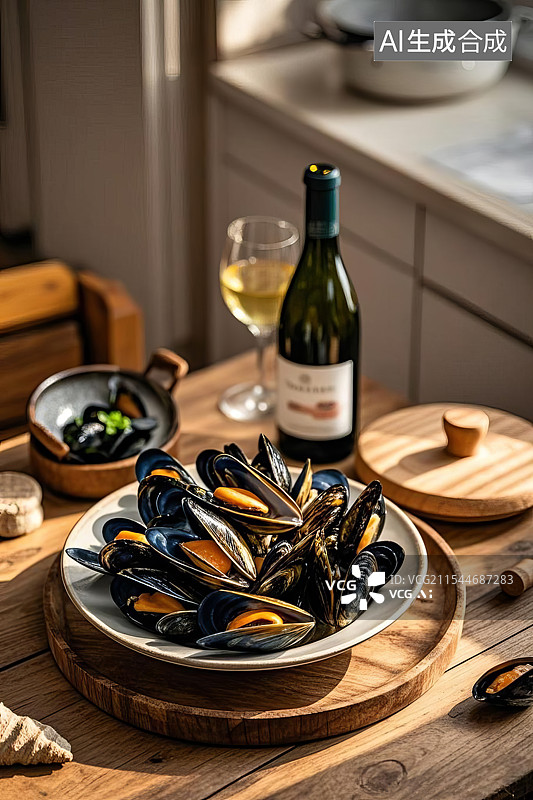 【AI数字艺术】木质桌子上的淡菜和白葡萄酒图片素材