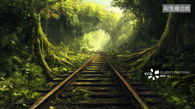 【AI数字艺术】丛林中阳光下废弃的铁轨图片素材