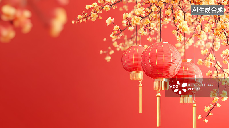 【AI数字艺术】红色背景与春节灯笼装饰图片素材