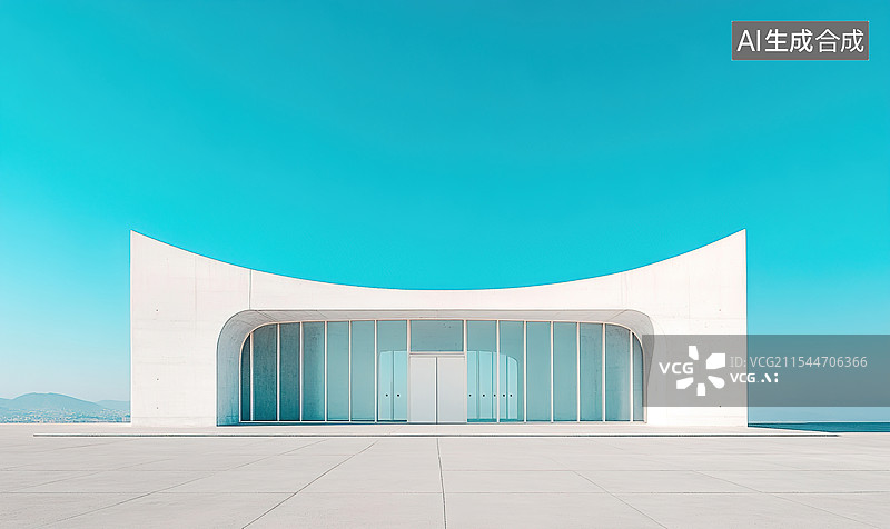 【AI数字艺术】未来主义博物馆歌剧院广场极简弧形白色外观玻璃与混凝土天空宽敞的灰色广场空地板汽车广告背景蓝色玻璃装饰图片素材