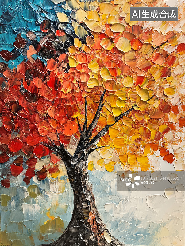 【AI数字艺术】色彩斑斓的抽象树木油画图片素材