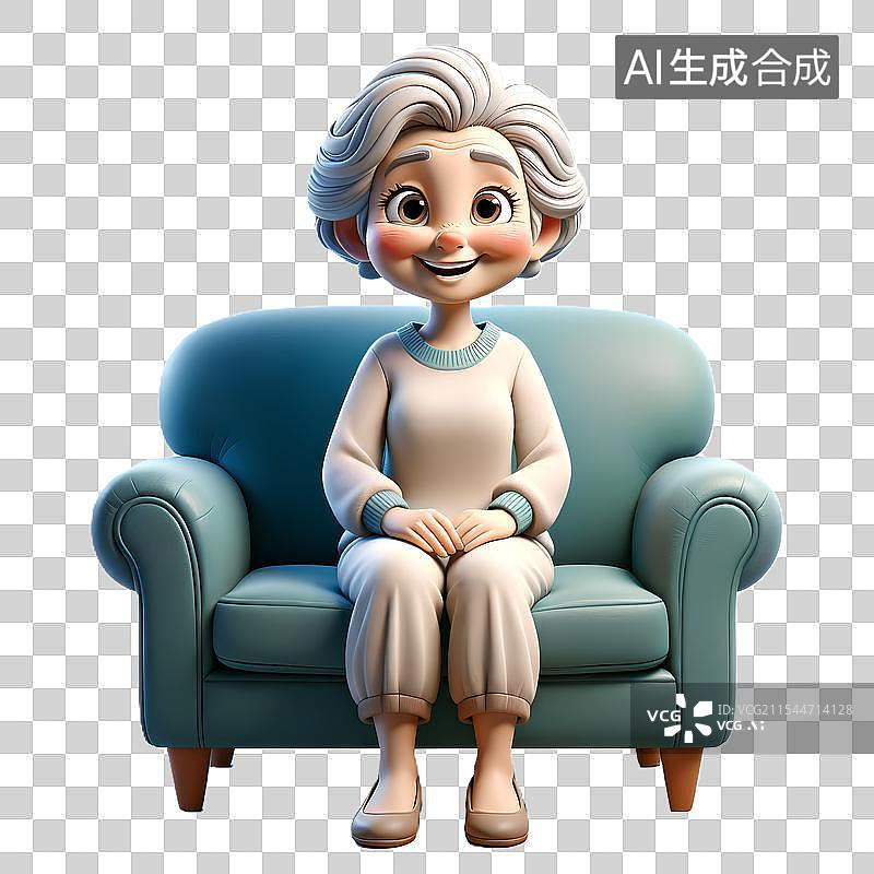 【AI数字艺术】坐在沙发上的老奶奶3D卡通元素图片素材