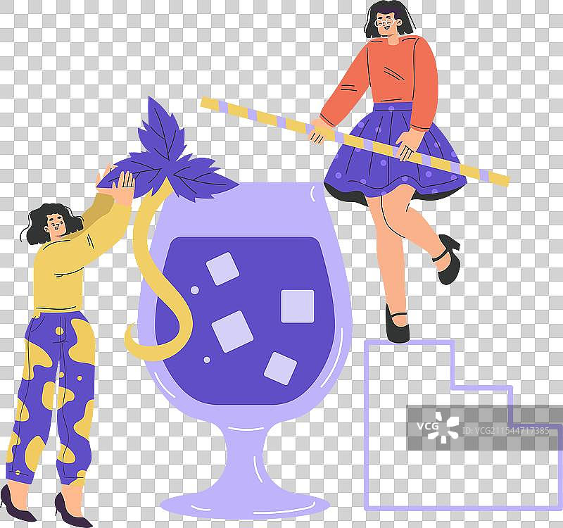 女人角色在梯子上拿着大鸡尾酒杯图片素材