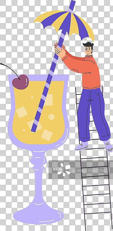 男人角色在梯子上拿着大鸡尾酒杯图片素材