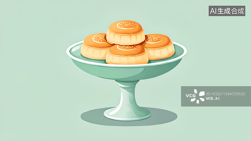 【AI数字艺术】国风手绘插画，盘子里的中式传统点心，馅饼，凤梨酥，月饼，下午茶甜点小吃图片素材