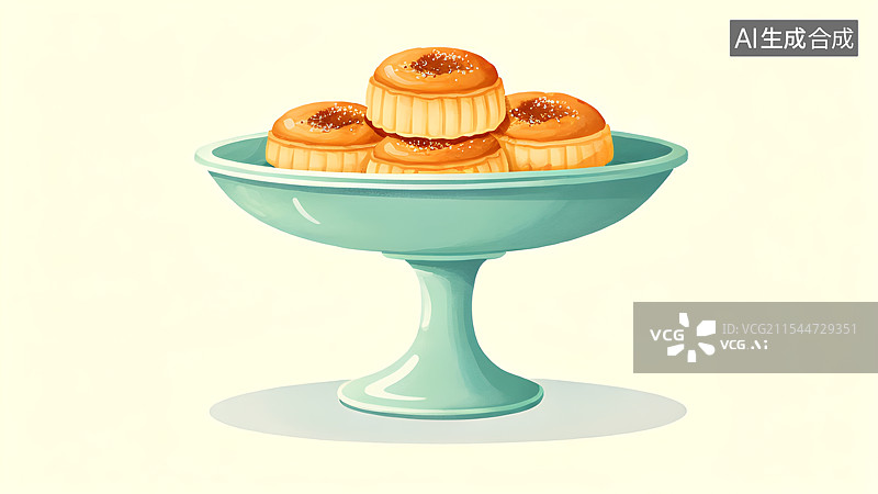 【AI数字艺术】国风手绘插画，盘子里的中式传统点心，馅饼，凤梨酥，月饼，下午茶甜点小吃图片素材