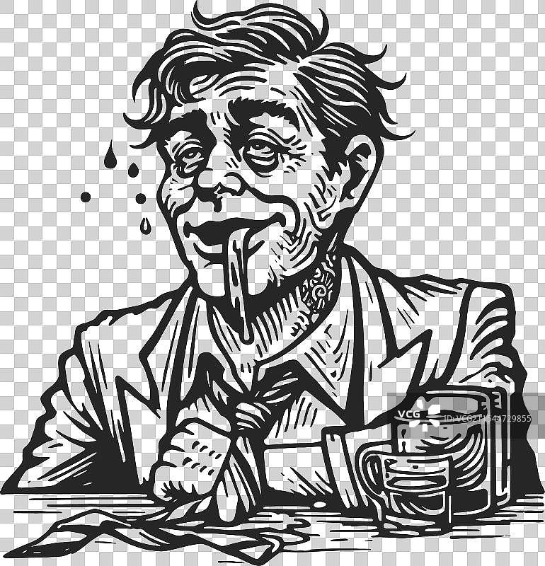 喝酒的男人与啤酒杯素描图片素材