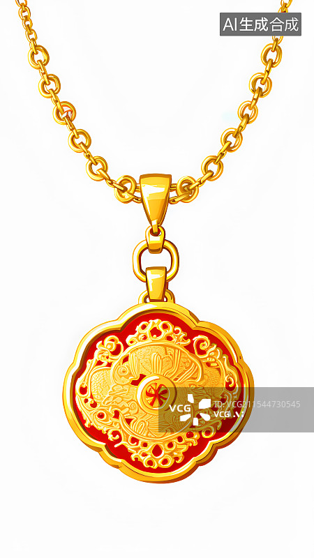 【AI数字艺术】国风手绘插画，古风黄金项链，长命锁，如意锁，宝宝锁，珠宝首饰，挂件装饰图片素材
