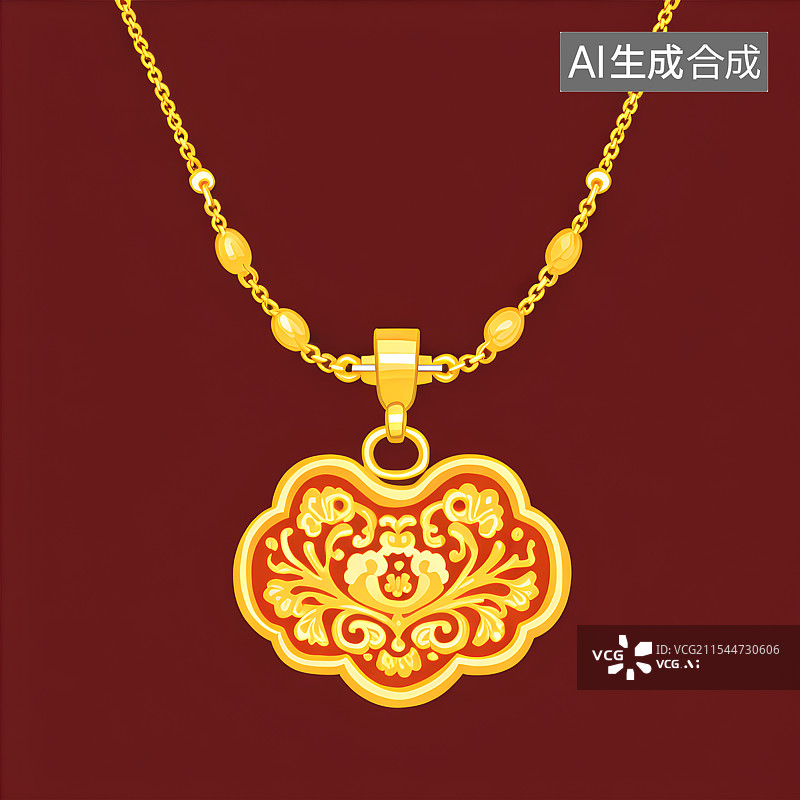 【AI数字艺术】国风手绘插画，古风黄金项链，长命锁，如意锁，宝宝锁，珠宝首饰，挂件装饰图片素材