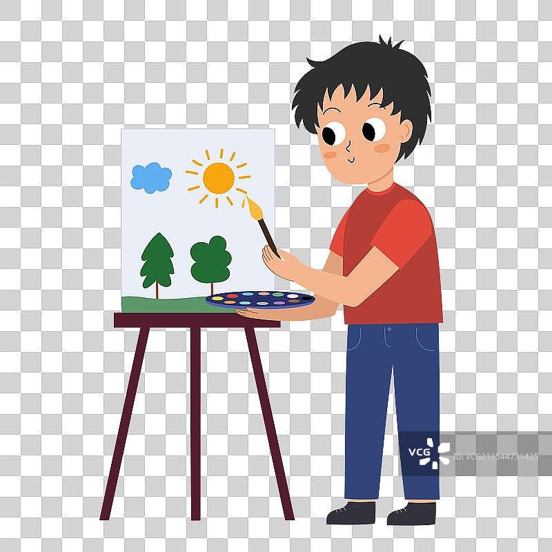 可爱的男孩在画架上画画图片素材