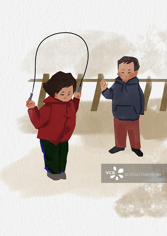 美好童年往事小时候乡村乡下农村家园家乡小孩子小朋友户外玩耍游戏嬉戏玩乐趣味生活方式跳绳插画图片素材