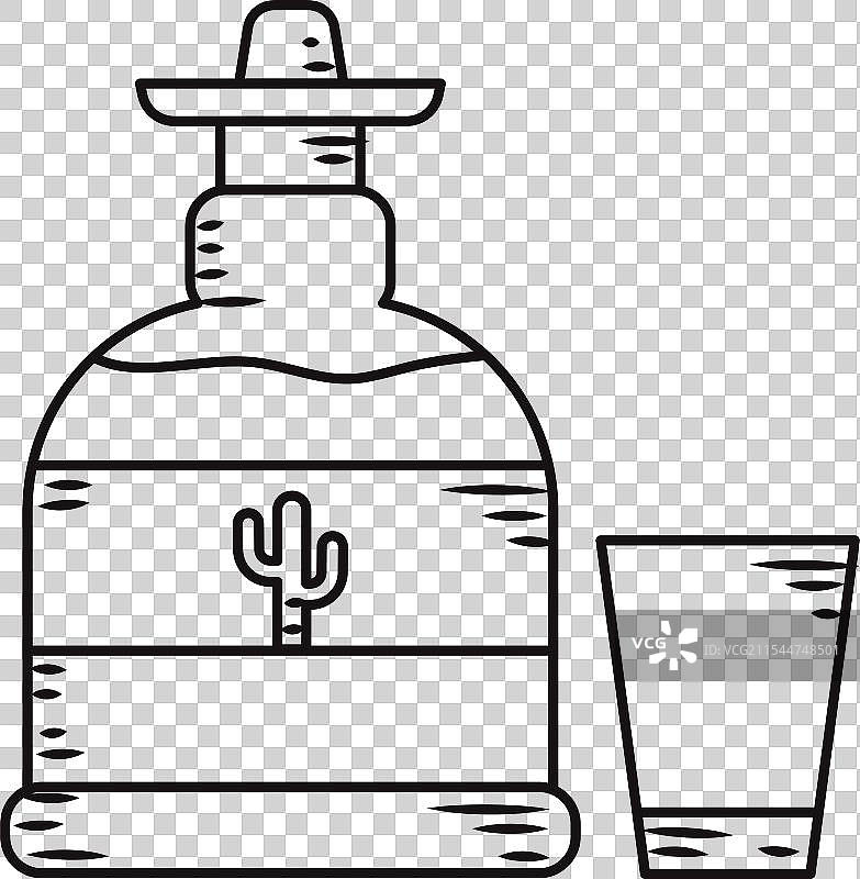 手绘的龙舌兰酒瓶图标与酒杯图片素材